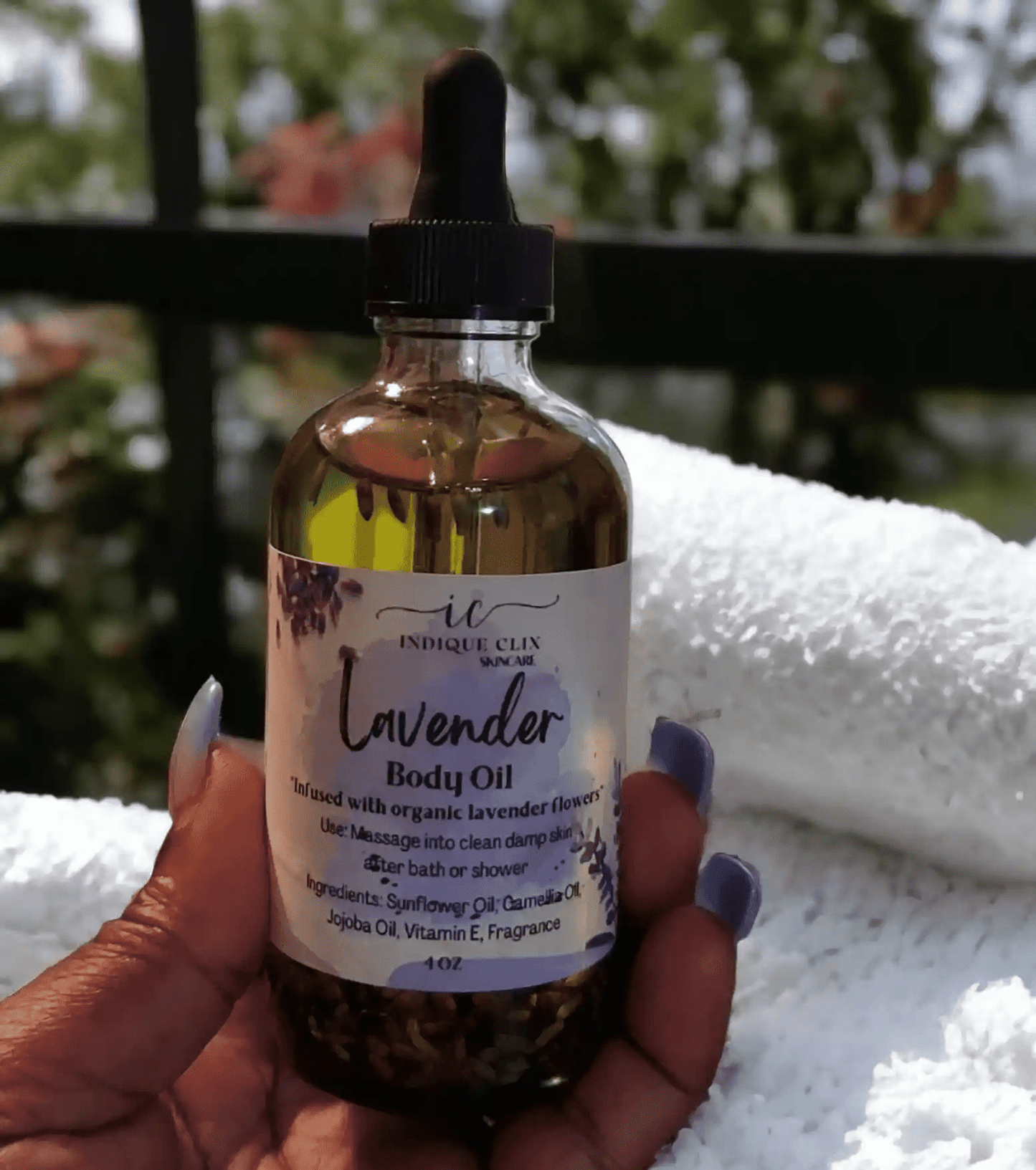 Bottle of lavender infused body oil