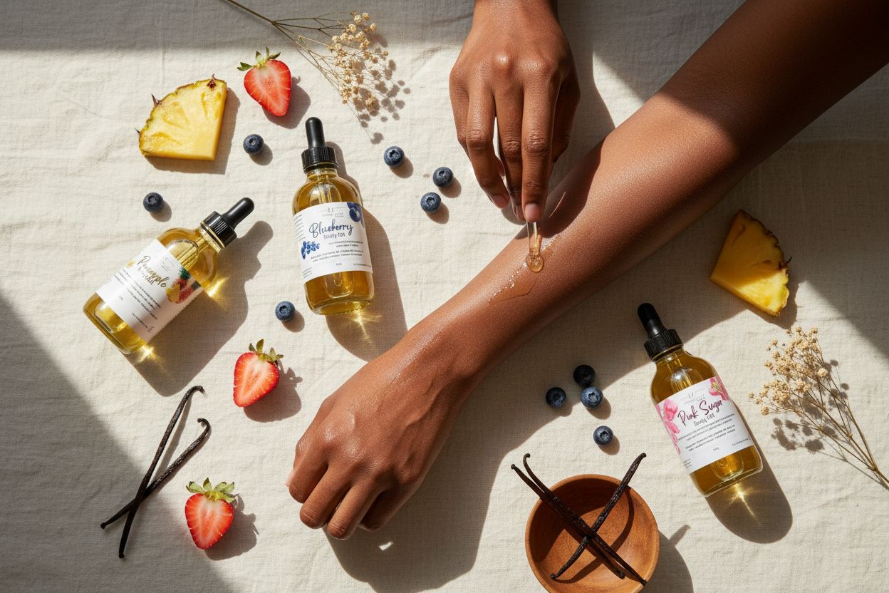 Fruit Body Oil Flat Lay Banner