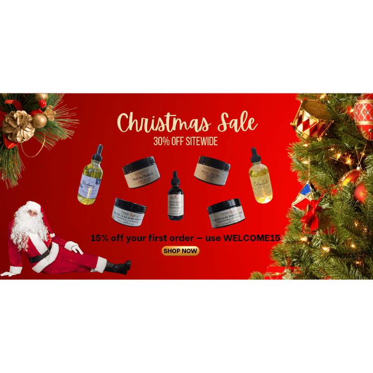 Christmas sale advertisement with skincare products, Santa Claus, and a Christmas tree on a red background.