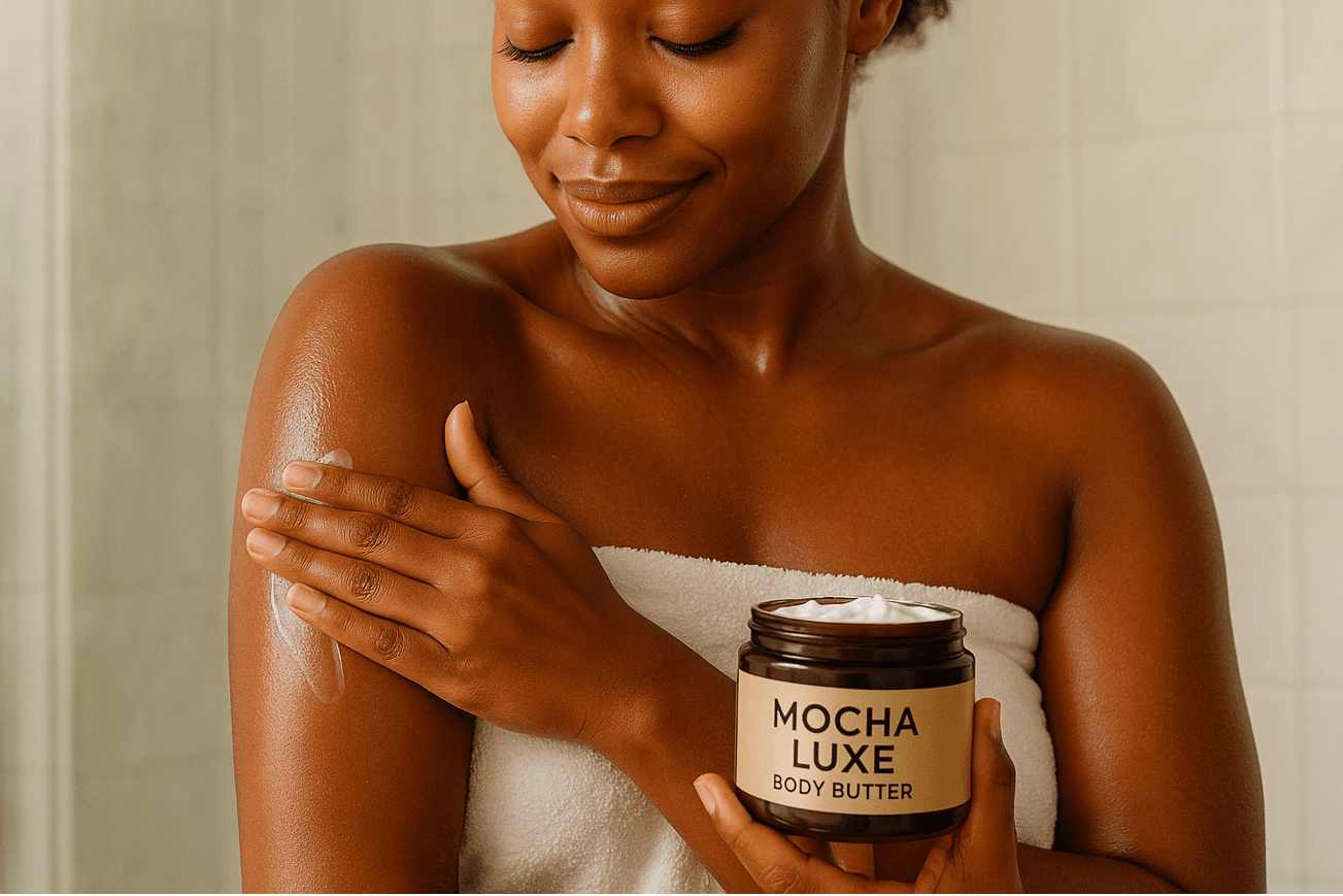 woman with melanin-rich skin using Mocha Luxe Body Butter after a shower